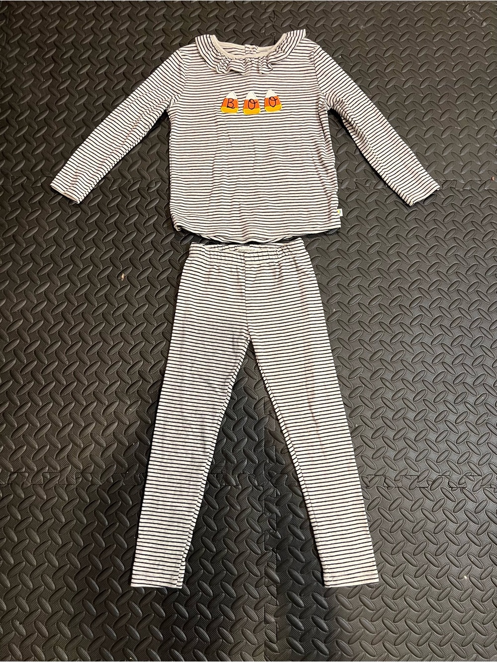 Striped Black & White Kids Pajama Set with Pumpkin Boo Detail
